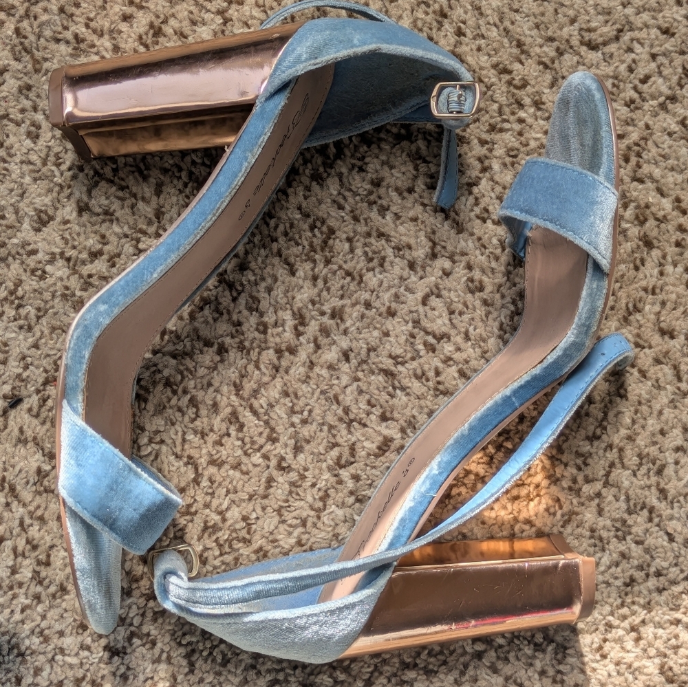 Breckelles Light Blue Velvet Heels with Gold Accents